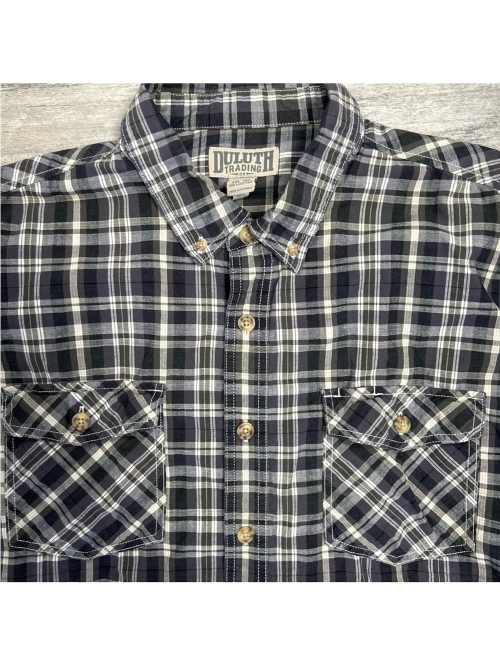 Duluth Trading Men’s 2XLT Gray Cream Plaid Shirt Relaxed Fit Button Up Work
